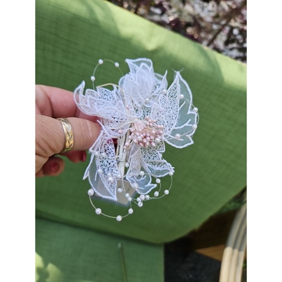 Theta products Accessories - Hair Barrette Bridal Flower Pearls Spray Headpiece Wedding Lace Pink 80s Y2K